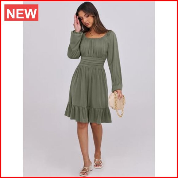 Long Lantern Sleeve Square Neck Elastic Waist Ruffle Flowy Swing A-Line Dress - Picture 6 of 7